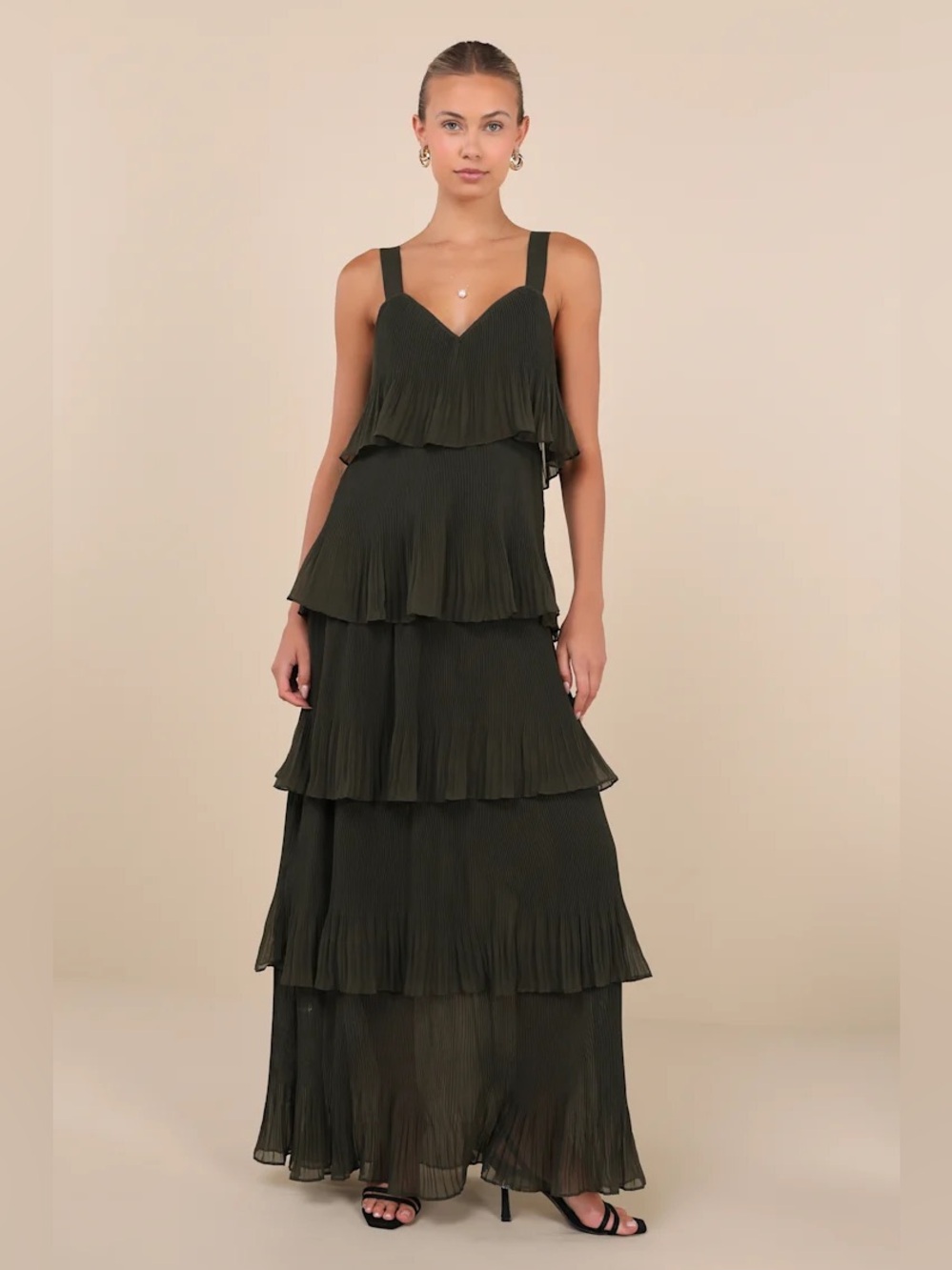Lulu’s Elegant Nature Olive Green Pleated Sleeveless Tiered Maxi Dress
